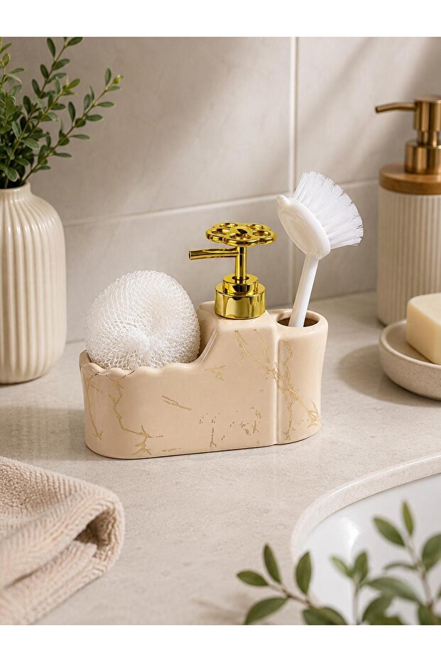 14359 Cream Marble Patterned Porcelain Liquid Soap Dispenser with Brush | Gold Pumped