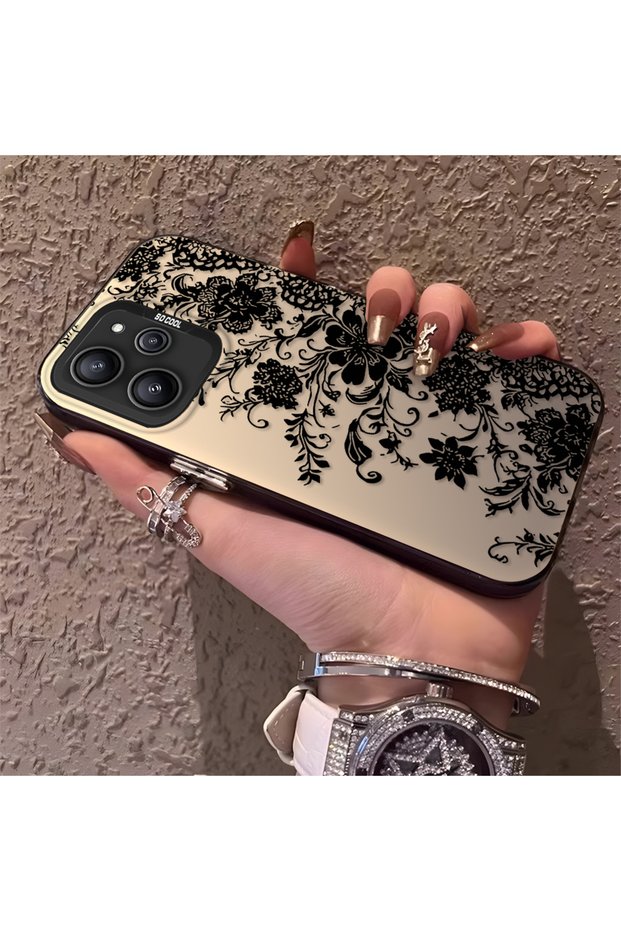 Redmi 12 4G/5G Compatible Elegant Black Lace Flower Pattern Case, High Quality Matte Phone Case