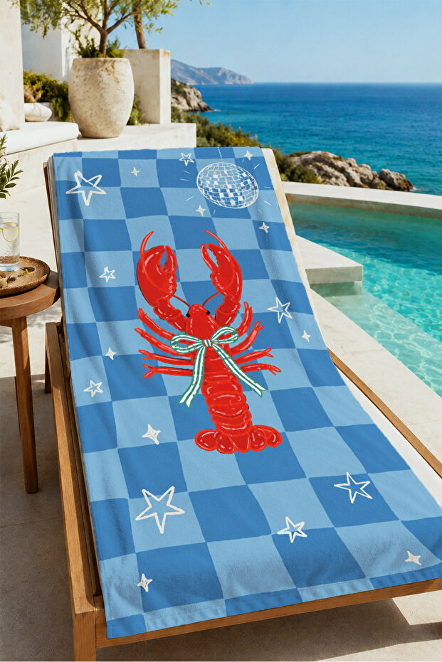 Retro Blue Plaid Lobster Pattern 70X150 Beach Towel - Digital Printed Fade-Resistant Bath Towel