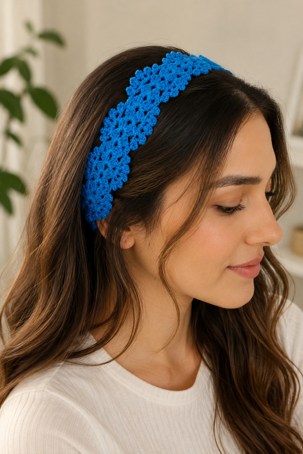 Cobalt Blue Hand Knitted Hair Band Adjustable Bohemian Bandana Women's Hair Accessory