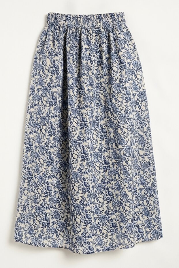 Women's Blue Patterned Viscose Elastic Waist Flared Summer Above-Ankle Skirt