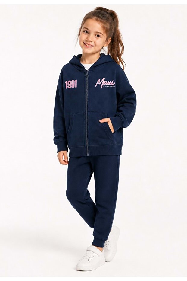 M7S10188 Printed Hooded Zippered Girls' Sweatshirt Dark Blue