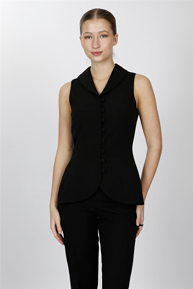 Shawl Collar Patchwork Vest-Black - 1536100