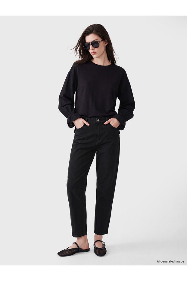 Nevavm Lcw Modest Black Denim Straight Balloon Fit High Waist Narrow Leg Women's Jean Pants