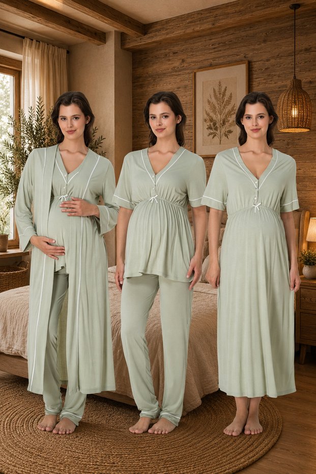 4-Piece Maternity Set with Piping Detail and Easy Breastfeeding Feature, Made of Cotton