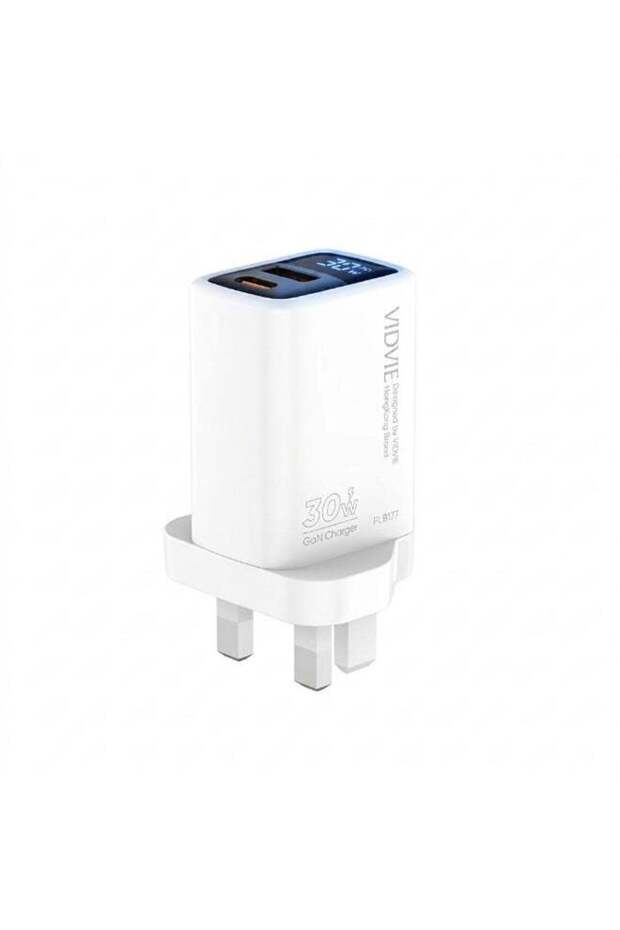 Fast Wall Charger 30W GaN with Digital Power Display Screen, Type-C PD & USB Ports - White
