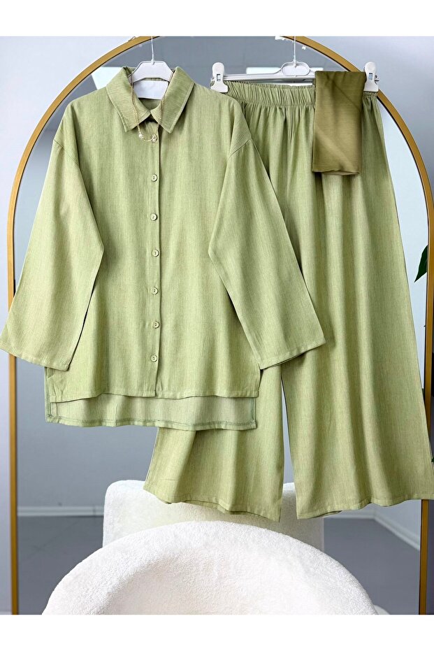 Women's Trendy Shirt and Trouser Set with Side Slits in Green