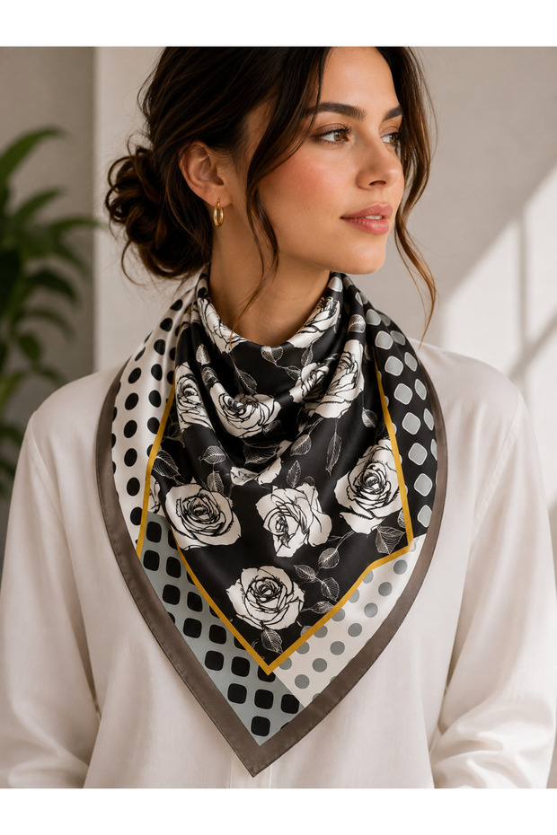 Women's 70X70 cm Black and White Rose and Geometric Patterned Satin Scarf