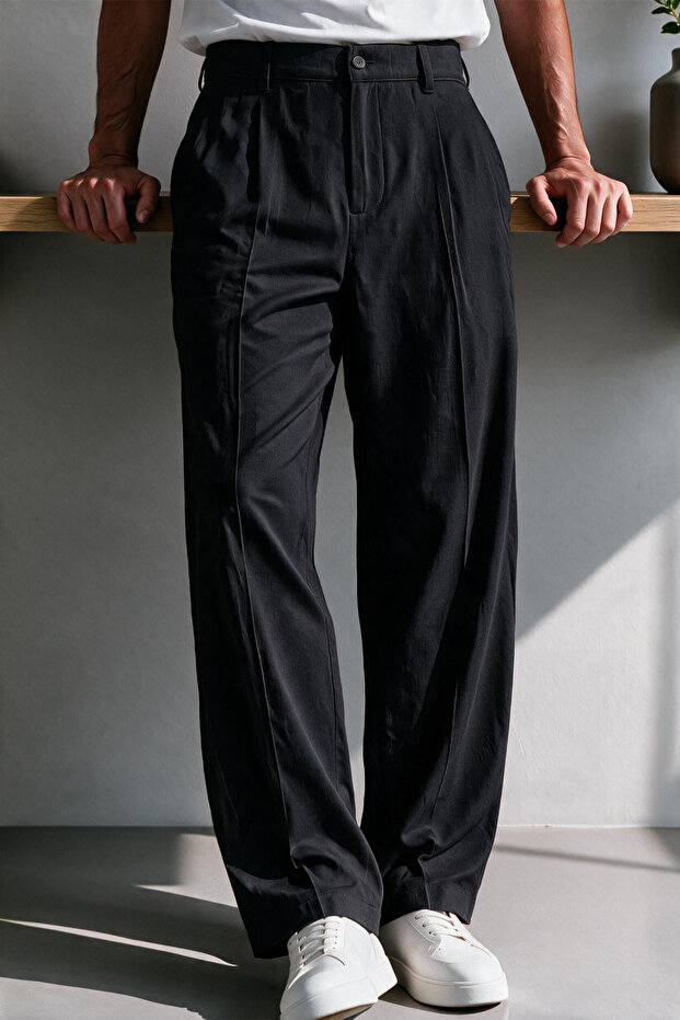 Vento Men's Premium Single Pile Detailed Linen Baggy Trousers