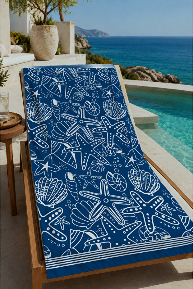 Navy Blue Sea Creatures Drawing Patterned 70X150 Beach Towel - Cotton Bath Towel
