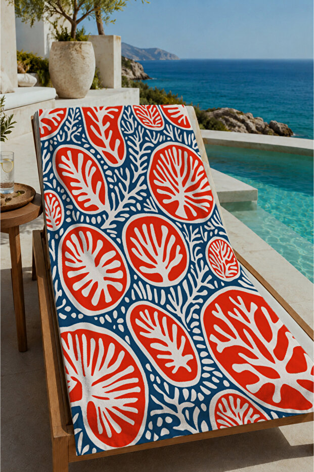 Orange Navy Blue Botanical Leaf Patterned 70X150 Beach Towel - Digital Printed Bath Towel