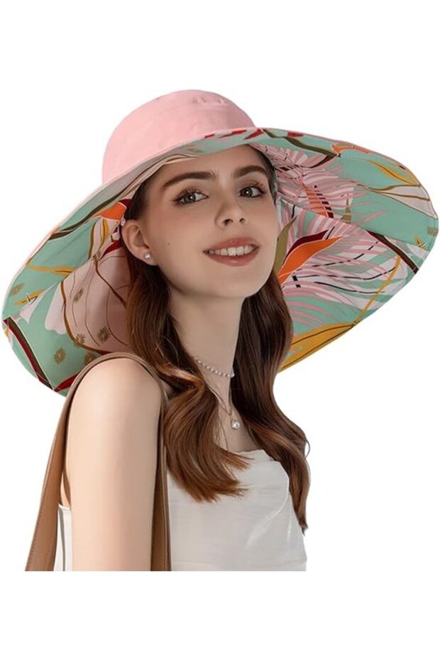 Women's reversible bucket hat beige floral wide brim foldable UV.