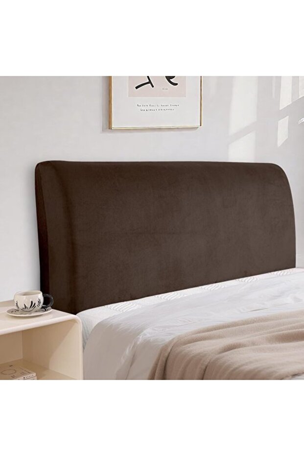 Velvet headboard cover, elastic full-coverage protective stretchy, solid color, dustproof washable (200cm, dark brown).