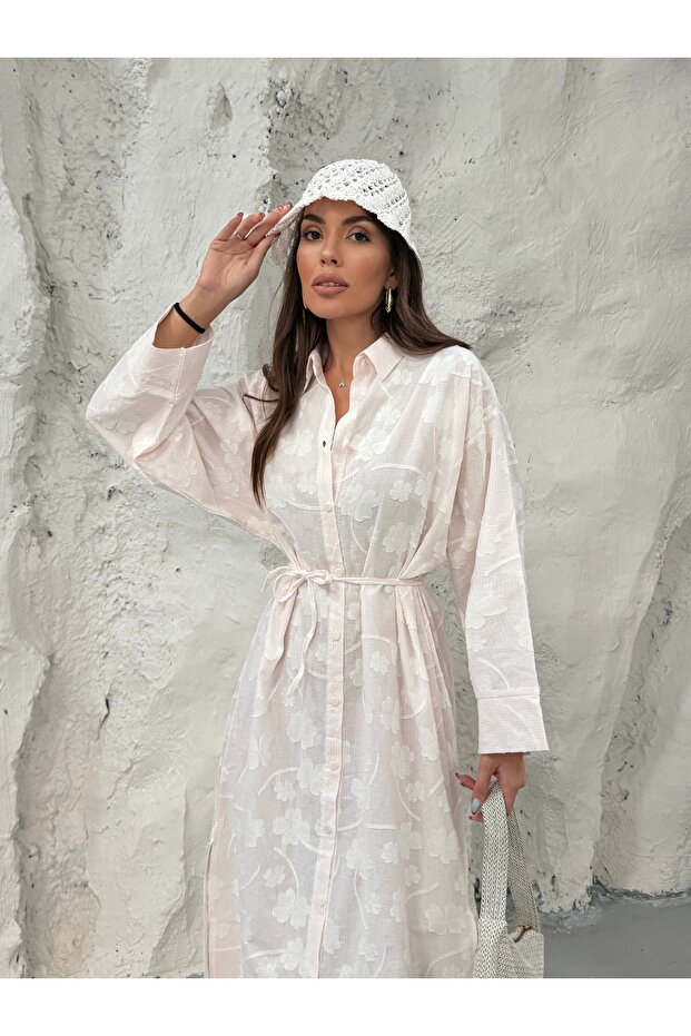 Floral Jacquard Buttoned Belted Shirt Dress 9116 - Pink