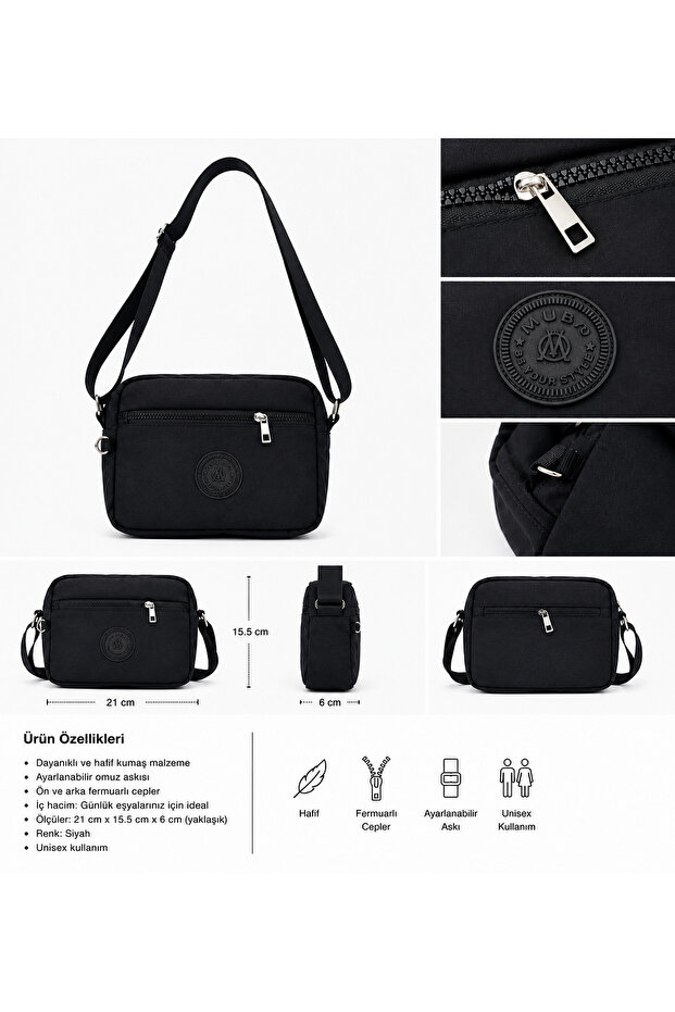 Unisex Black Shoulder and Crossbody Bag – Daily Bag with Adjustable Strap and Zipper Closure