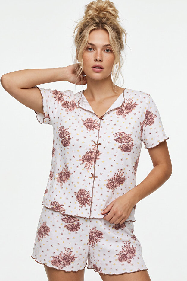 White Large Floral Print Bowknot Ribbed Camisole Knitted Shorts Set 26120053