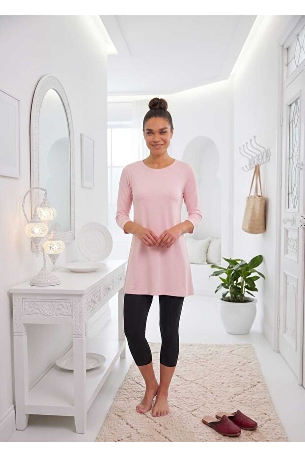 Women's Pink Capri Sleeve Cotton Crew Neck Combed Tunic Ysn-1