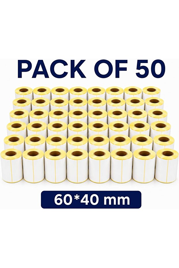 Pack of 50 rolls, thermal barcode labels, 60mm x 40mm size, 40mm inner diameter, 1000 labels per roll