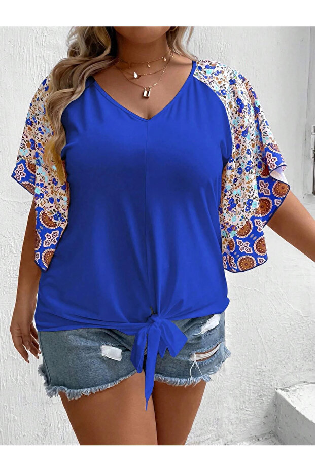 Blue Floral Print Short Sleeve T-Shirt with Knot Detail