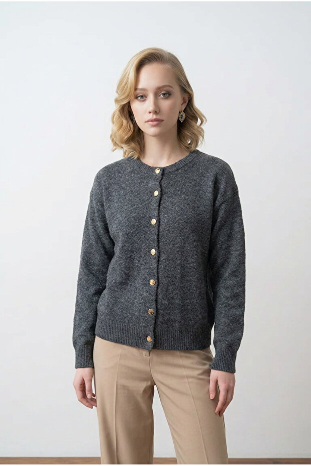 Crew Neck Gold Button Detailed Basic Women's Knitwear Cardigan