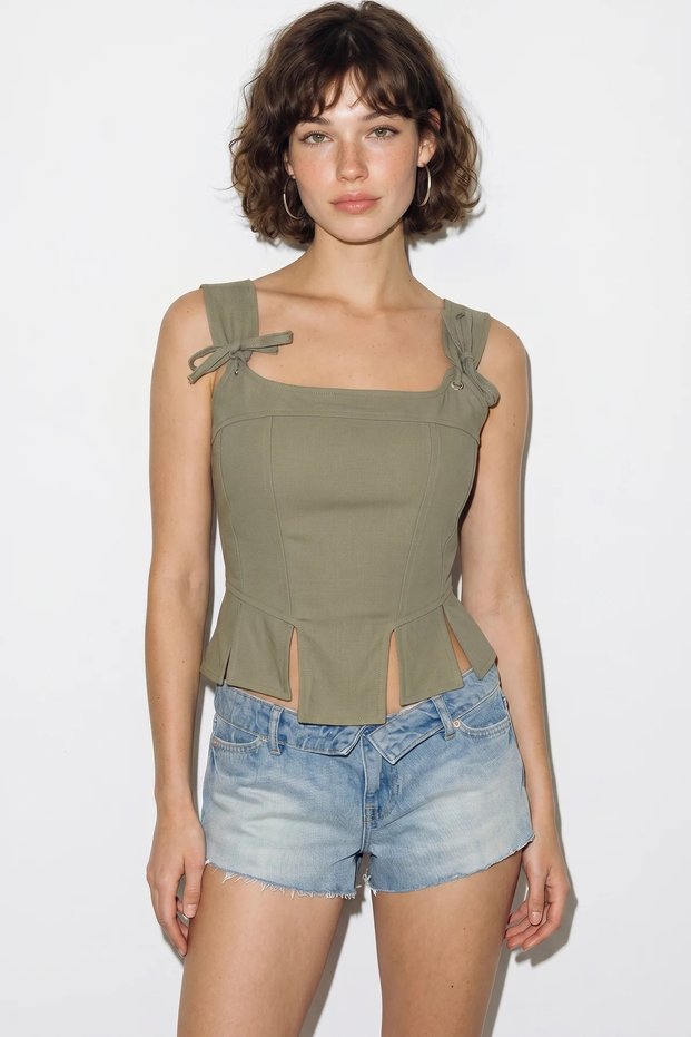 Women's Rope Detailed Corset Woven Dark Khaki Blouse