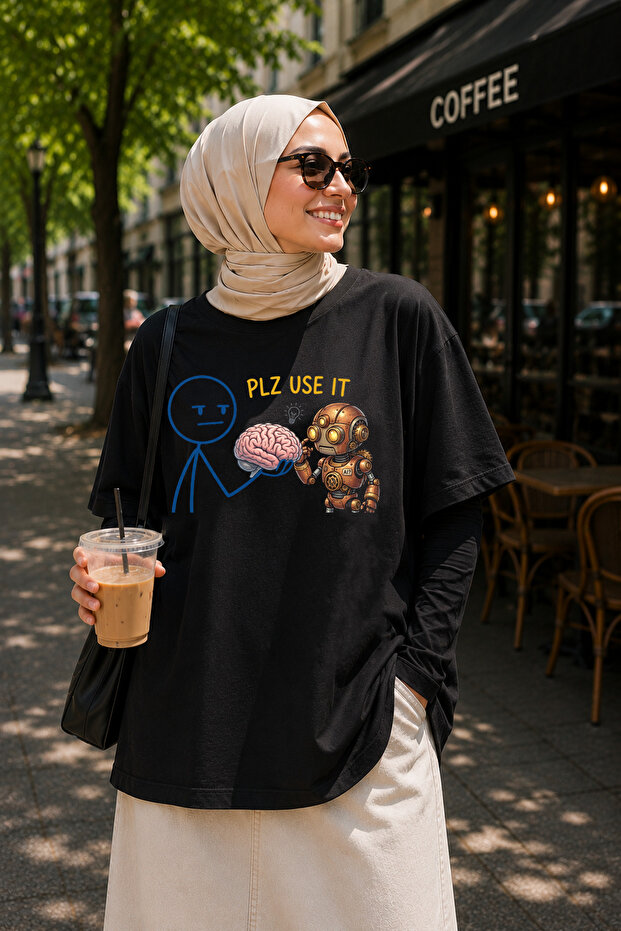 Premium Artificial Intelligence Robot Brain Printed Oversize Unisex T-Shirt Black T-Shirt