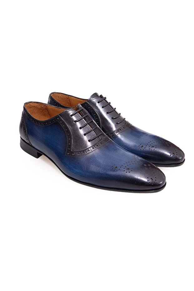 Dark Blue Color Lace-Up Genuine Leather Men's Shoes