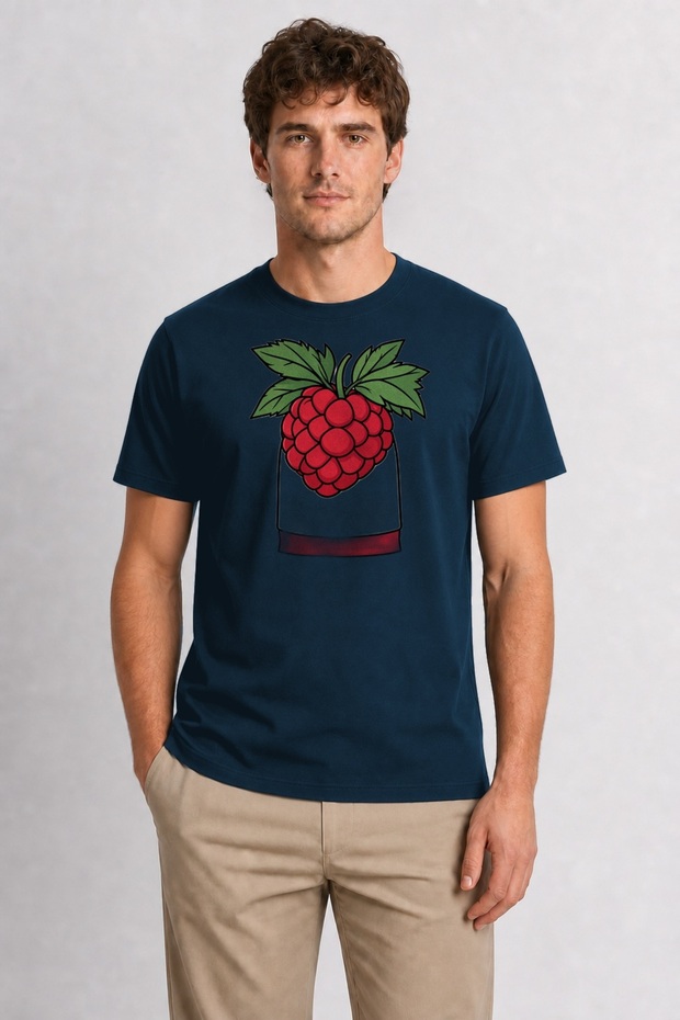 Modern Raspberry Chest Print T-Shirt - Navy Blue