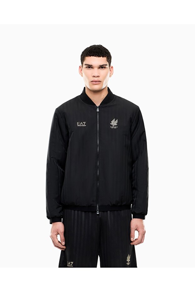 Men's Regular Fit Logo Printed Striped Bomber Black Jacket