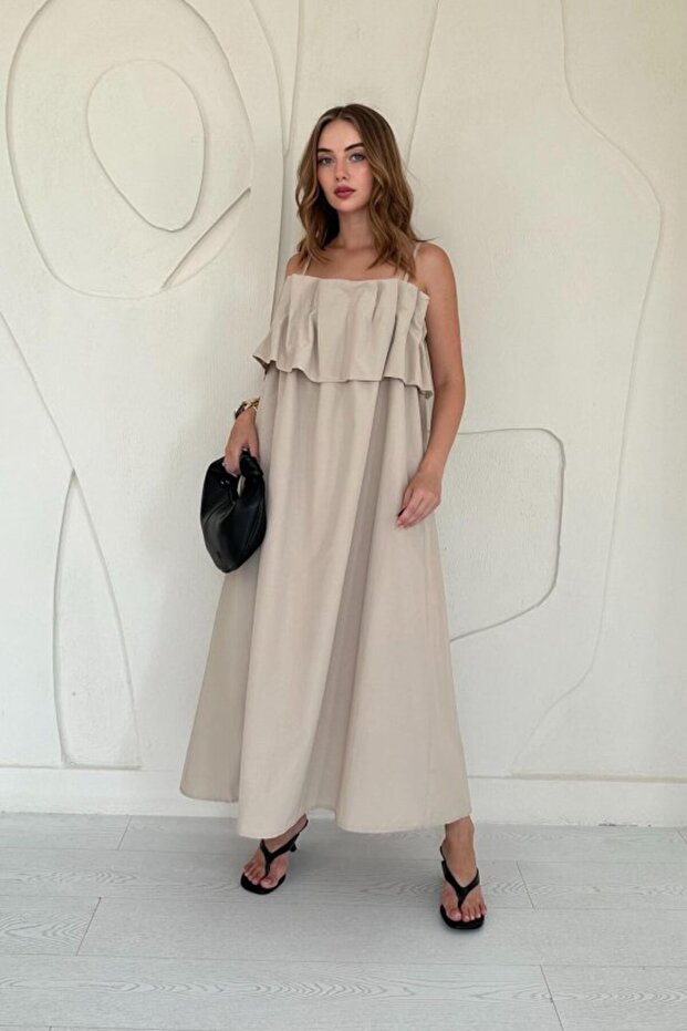 Beige Spaghetti Neck Pleated Front Dress