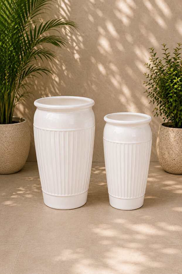 Ceramic Elegant White Fluted Pot - SET 2PCS