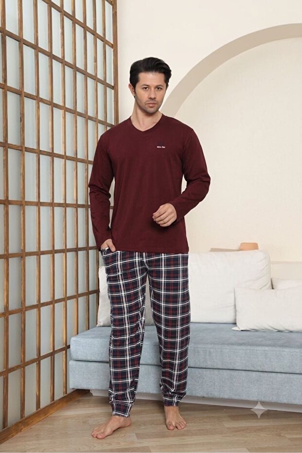 Mooda Men's 95% Cotton 5% Lycra V-Neck Long Sleeve Plaid Pajama Set