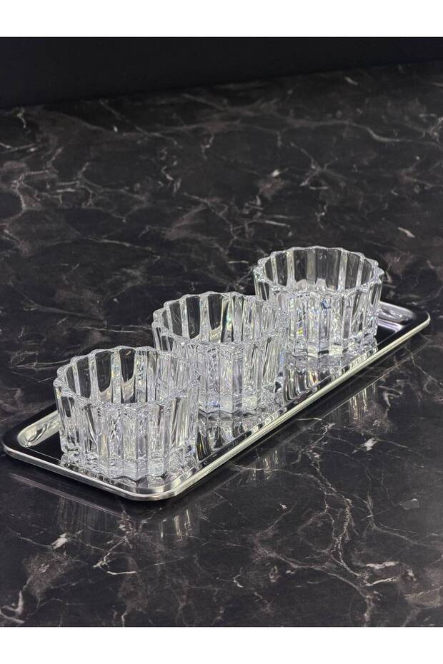 Silver Belvento 3-Piece Glass Bowl Set with Tray, Breakfast, Snack, and Sauce Serving Dishes with Baton Tray, 4 Pieces