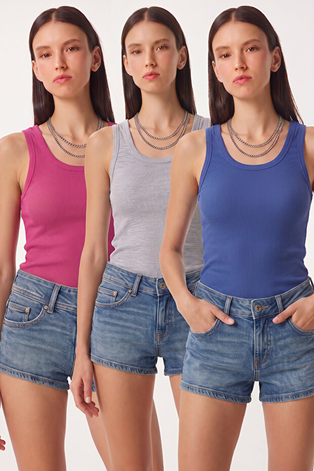 3-Piece Ribbed Thick Strap Knitted Undershirt Lrn0060 Dark Blue Dark Pink Gray