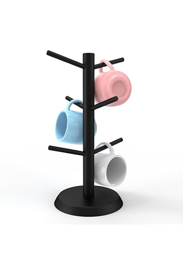 Coffee Mug Holder, Non-Slip Cup Tree with 6 Hooks for Countertop, Rack Organizer for Kitchen Storage, Sturdy and Durable Design, Space-Saving Tumblerful Rack for Cookhouse, Office (Black)