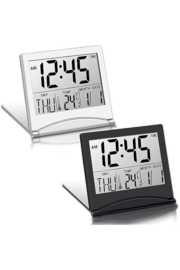 Bukela Digital Travel Alarm Clock 2 Pieces Foldable Calendar and Temperature and Timer LCD Clocks with Snooze Mode Large Number Display Multifunction Small Portable Desk Clock (Black Silver)