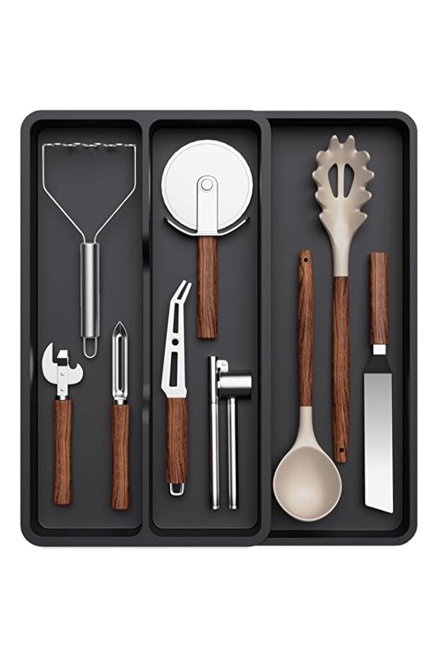 Cutlery Tray, Expandable to 36.5 cm, 14 Compartments, 7 Slots, Kitchen Drawer Organiser (Black)