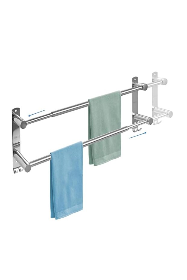 Double-Rod Towel Rack, Telescopic Towel Holder Stand with 2 Hooks Self-Adhesive Towel Rail or Drilling Universal for Bathroom and Kitchen, Rust-Proof and Durable