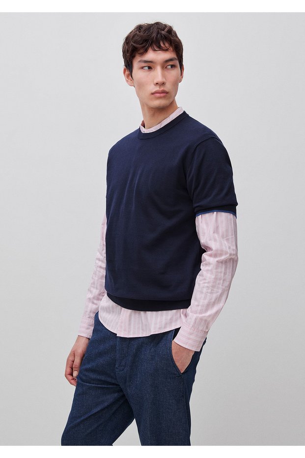 Men's Navy Blue 100% Cotton Ribbed Knitwear T-Shirt with Contrast Detail