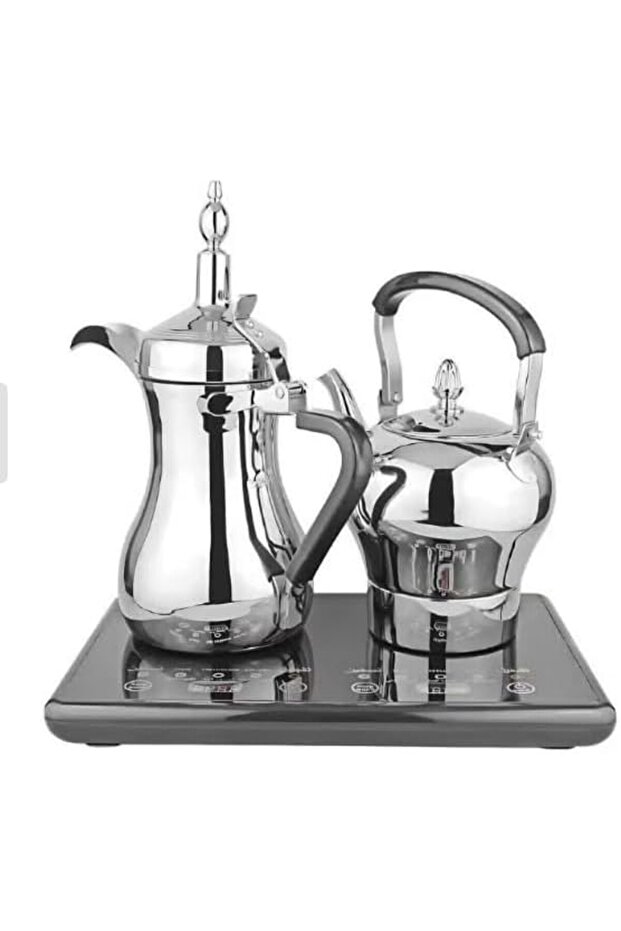 Coffee Pot Set DX3410, Stainless Steel, 1L Coffee & 1.2L Tea | Dual Pot Design, Electric Tray Base, Polished Finish, Arabic Style, Model DX3410