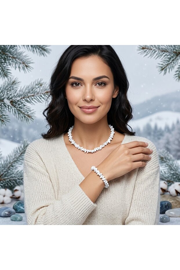 Havlit Real Natural Stone Women's Necklace and Bracelet Set White