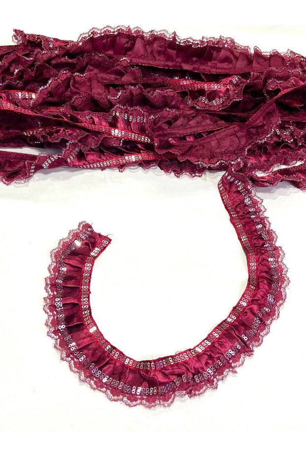 Sequin Pleated Ruffle Ribbon / Satin Ruffle / 4 cm / 1 Meter Burgundy