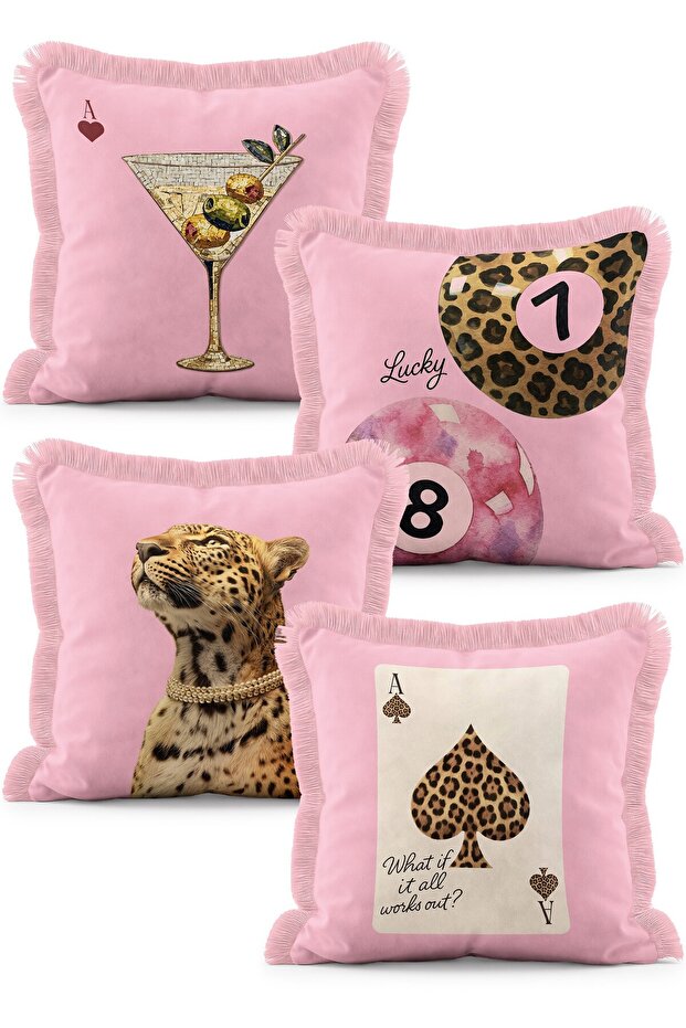 Pink Leopard Billiards and Playing Cards Themed Set of 4 Fringed Throw Pillow Covers