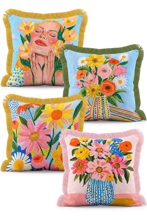 Colorful Floral and Female Figure Illustration Patterned 4-Piece Fringed Throw Pillow Cover Set