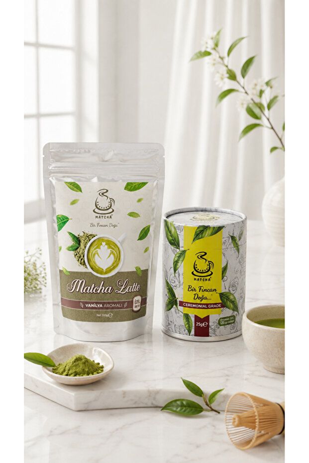 Vanilla Flavored Matcha Latte 200 Gr (Ready-To-Use Powder Mix) and Ceremonial Grade Matcha 25 Grams