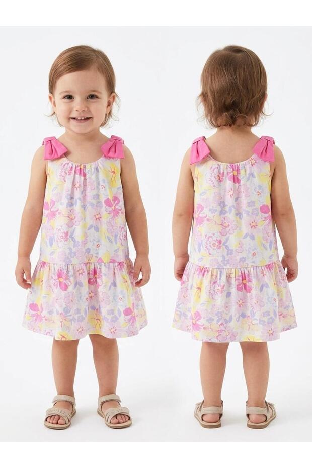 Girls' Pink Flower-Patterned Summer Dress with Bows on the Shoulders and Straps