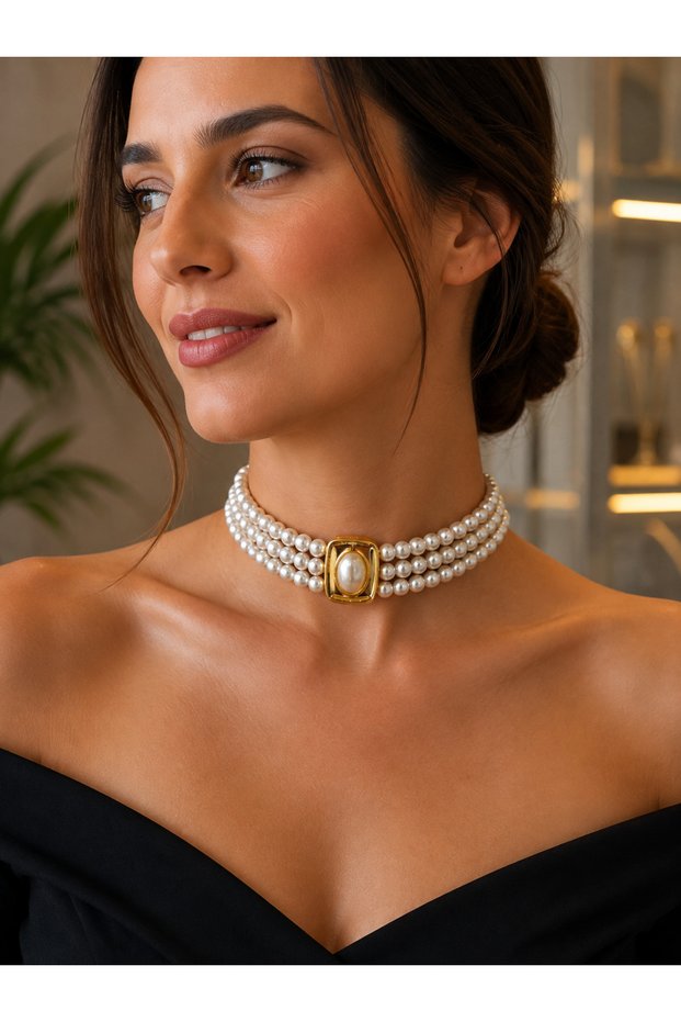 Pearl Choker Gold Detailed Stylish Women's Necklace Elegant Minimal Design