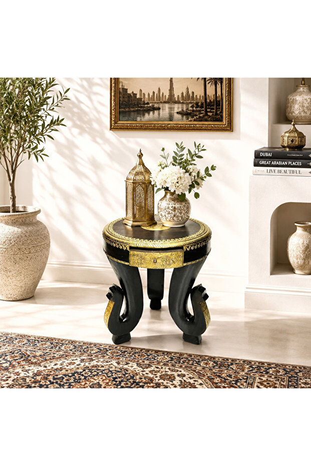 Indian Traditional Round Wooden Table With 3 Elephant Legs With Brass{diameter 17x17"x height21"}