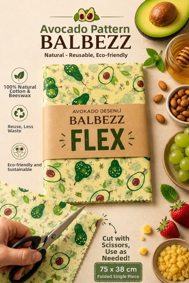 Balbezz Flex Avocado Patterned Large Size Waxed Storage Cloth 75X38 cm – Cuttable Natural Kitchen Cloth