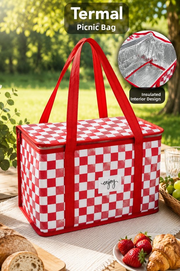 Luxury Thermal Picnic Bag - Camping Food Carrying Bag Plaid Pattern 35X20X20 cm